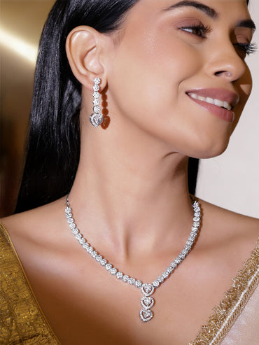 American Diamond Zircon Heart Motif Necklace Set