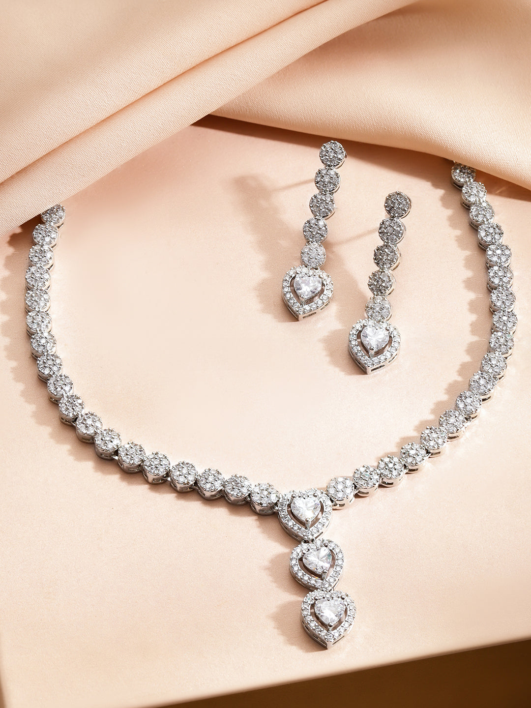 American Diamond Zircon Heart Motif Necklace Set