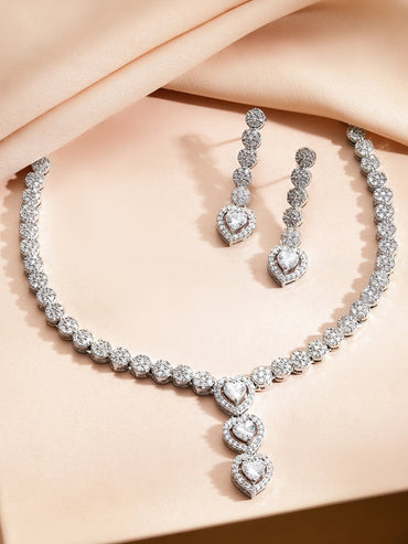 American Diamond Zircon Heart Motif Necklace Set