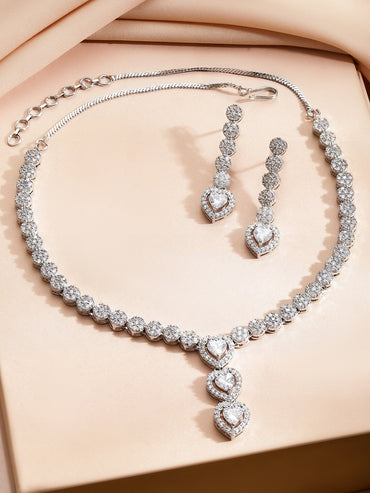 American Diamond Zircon Heart Motif Necklace Set