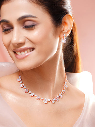 Rose Gold Plated Cubic Zirconia Teardrop Choker Necklace Set