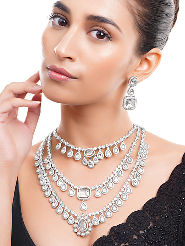 Rhodium Plated Amercan Diamon Zirconia Tear Drop Layered Necklace Set
