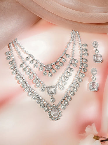 Rhodium Plated Amercan Diamon Zirconia Tear Drop Layered Necklace Set