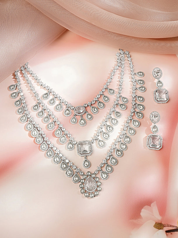 Rhodium Plated Amercan Diamon Zirconia Tear Drop Layered Necklace Set