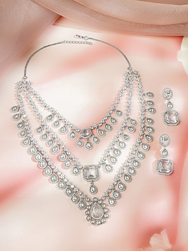 Rhodium Plated Amercan Diamon Zirconia Tear Drop Layered Necklace Set