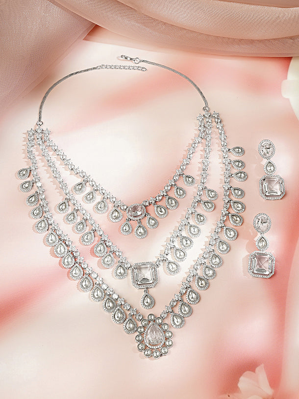 Rhodium Plated Amercan Diamon Zirconia Tear Drop Layered Necklace Set