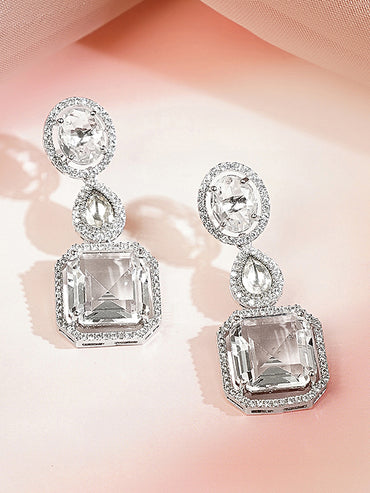 Rhodium Plated Amercan Diamon Zirconia Tear Drop Layered Necklace Set