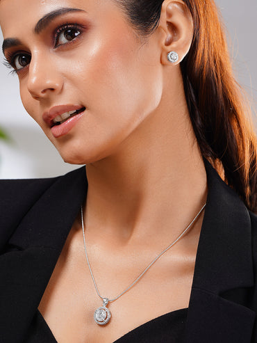 Rhodium Plated American Diamond Zirconia Round Charm Neklace Set