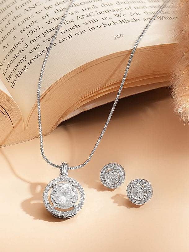 Rhodium Plated American Diamond Zirconia Round Charm Neklace Set