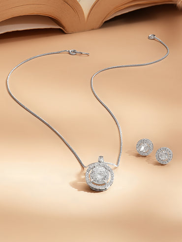 Rhodium Plated American Diamond Zirconia Round Charm Neklace Set