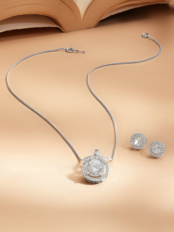 Rhodium Plated American Diamond Zirconia Round Charm Neklace Set