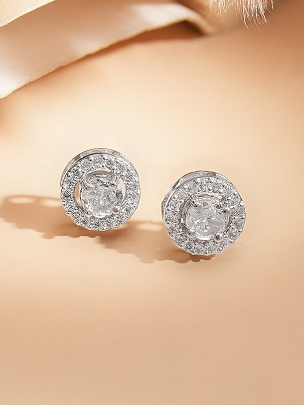 Rhodium Plated American Diamond Zirconia Round Charm Neklace Set