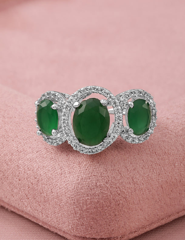 Rhodium Plated Emerald Green Zirconia Studded Ring