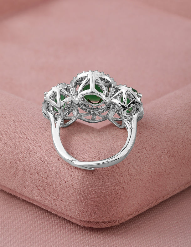 Rhodium Plated Emerald Green Zirconia Studded Ring