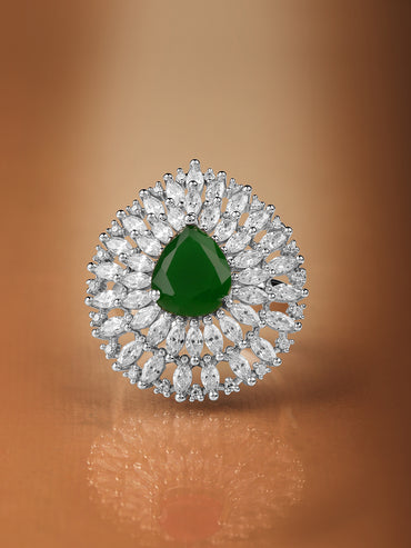 Rhodium Plated High Quality AD  Emerald Stone Studded Finger Ring