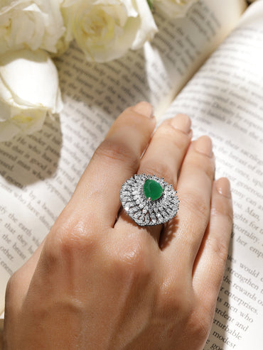 Rhodium Plated High Quality AD  Emerald Stone Studded Finger Ring