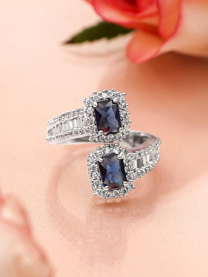 Rubans Rhodium-Plated Blue Sapphire & Cubic Zirconia Studded Adjustable Finger