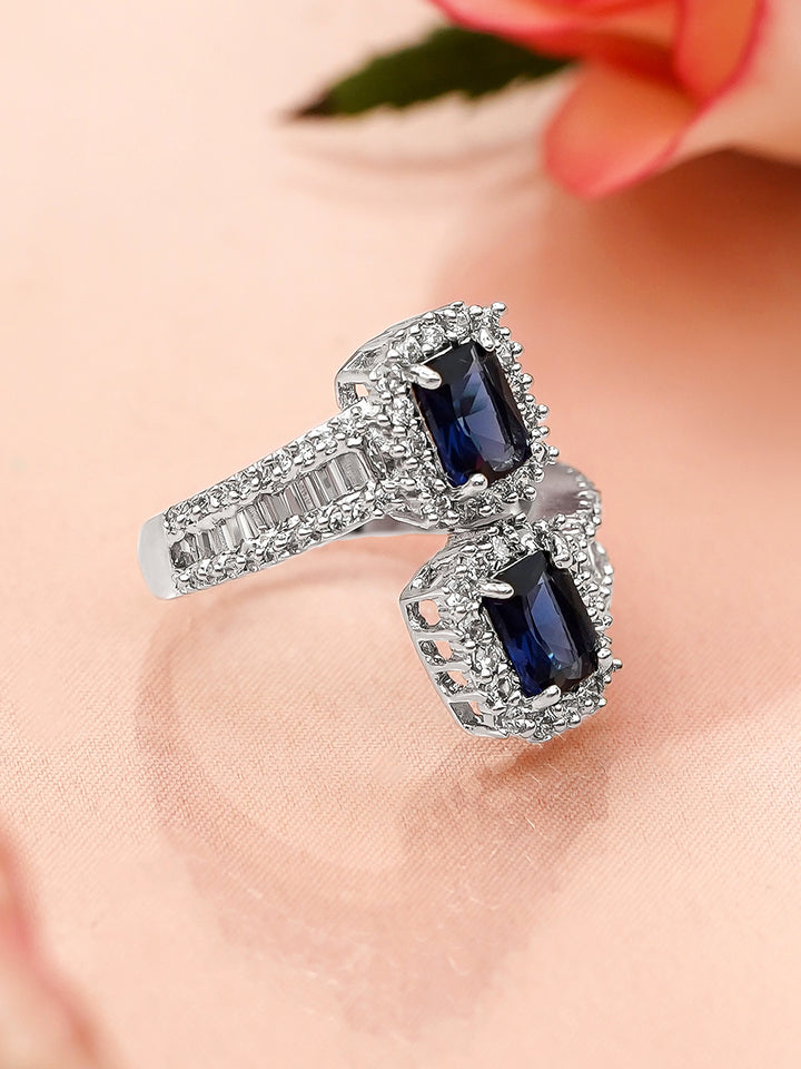 Rubans Rhodium-Plated Blue Sapphire & Cubic Zirconia Studded Adjustable Finger