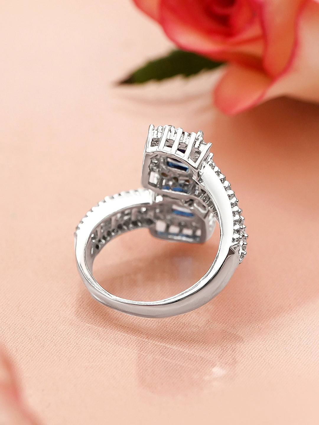Rubans Rhodium-Plated Blue Sapphire & Cubic Zirconia Studded Adjustable Finger