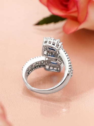 Rubans Rhodium-Plated Blue Sapphire & Cubic Zirconia Studded Adjustable Finger