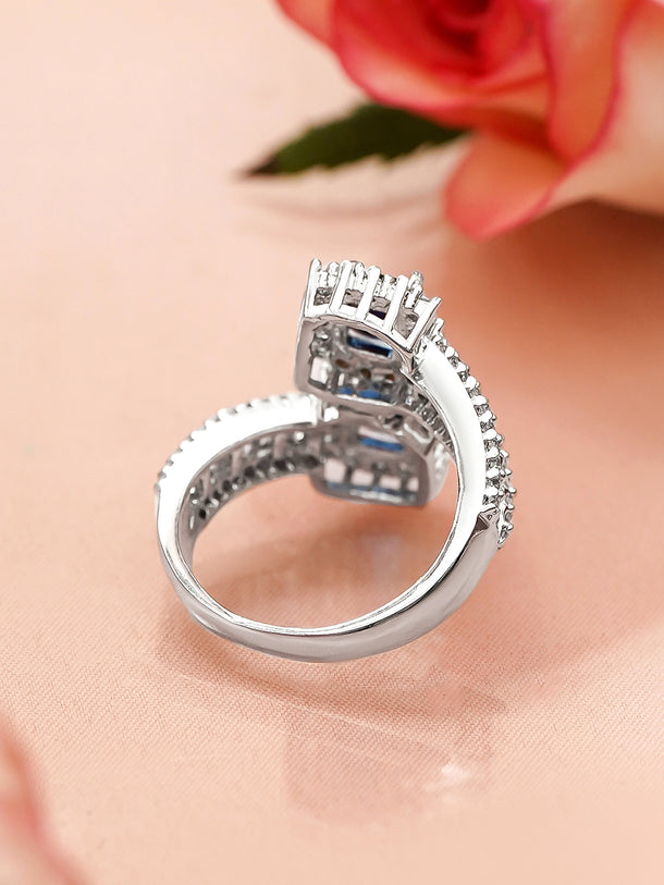 Rubans Rhodium-Plated Blue Sapphire & Cubic Zirconia Studded Adjustable Finger