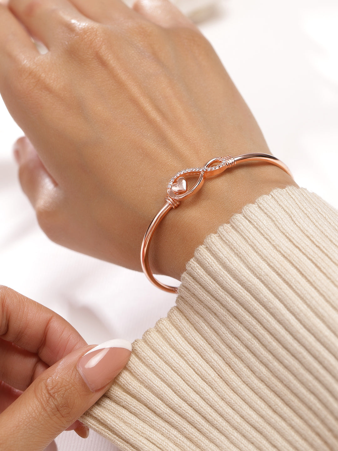 Rubans 18K Rose Gold-Plated Infinity & Heart Motif Crystal Zirconia Studded Sleek Bracelet