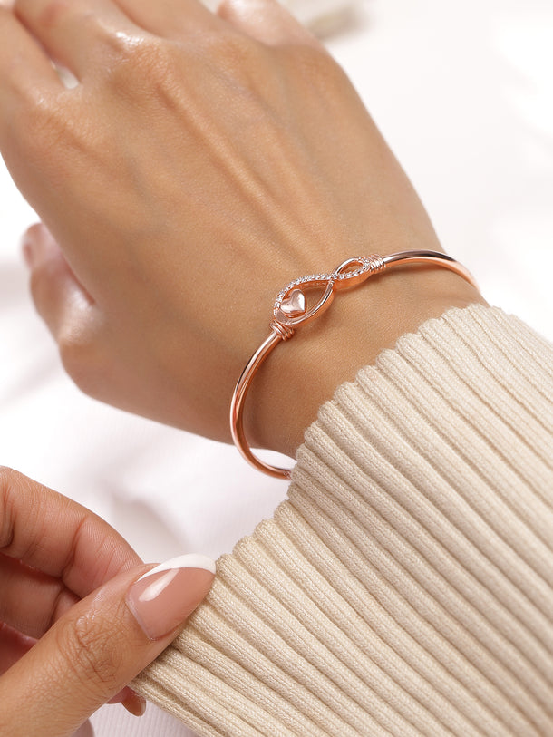 Rubans 18K Rose Gold-Plated Infinity & Heart Motif Crystal Zirconia Studded Sleek Bracelet