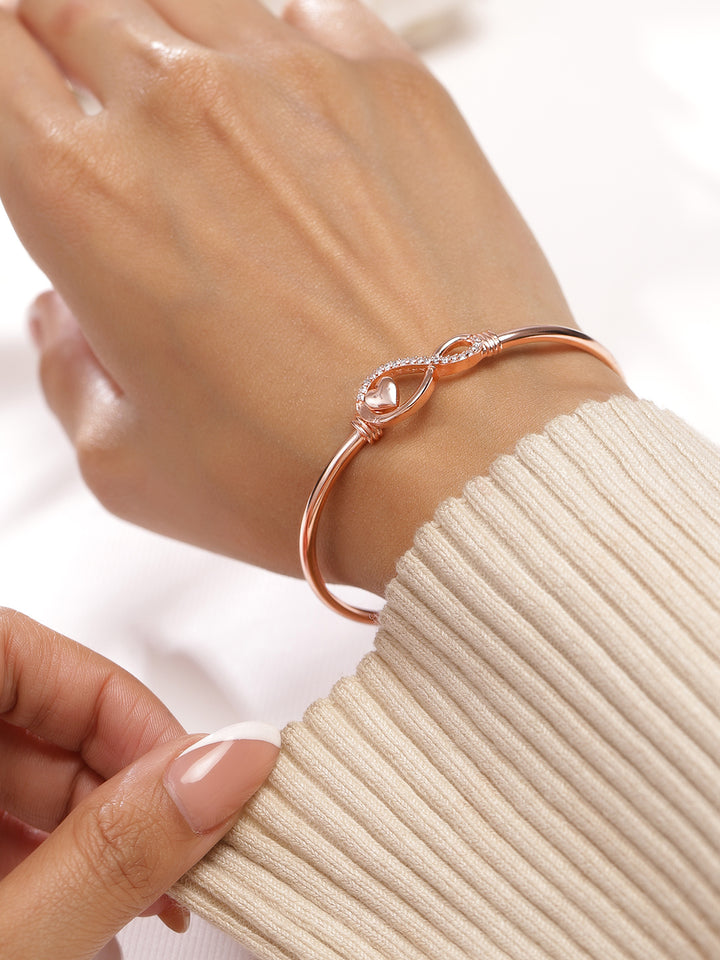 Rubans 18K Rose Gold-Plated Infinity & Heart Motif Crystal Zirconia Studded Sleek Bracelet