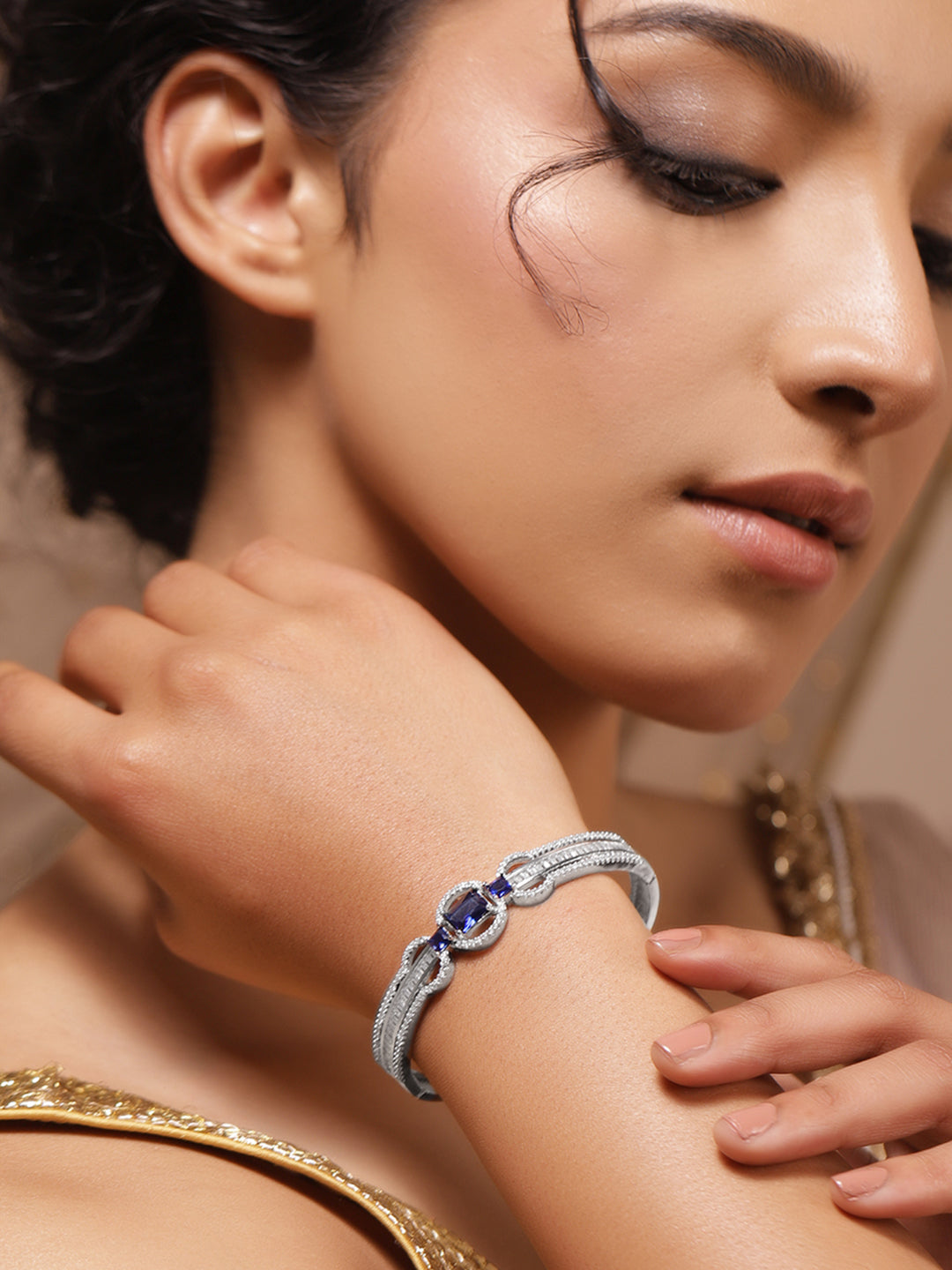 Rubans Rhodium-Plated Cubic Zirconia Studded Bangle-Style Bracelet