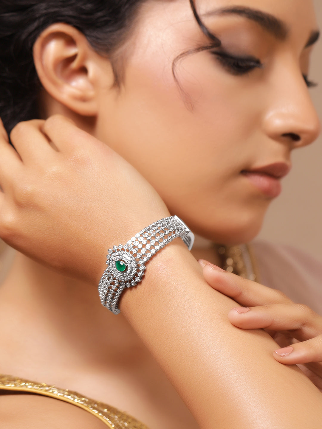 Rubans Women Brass Cubic Zirconia Rhodium-Plated Bangle-Style Bracelet