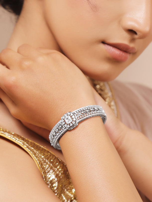 Rubans Women Brass Cubic Zirconia Handcrafted Rhodium-Plated Bangle-Style Bracelet