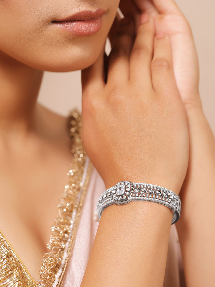 Rubans Women Brass Cubic Zirconia Handcrafted Rhodium-Plated Bangle-Style Bracelet