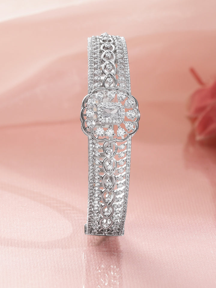 Rubans Women Brass Cubic Zirconia Handcrafted Rhodium-Plated Bangle-Style Bracelet