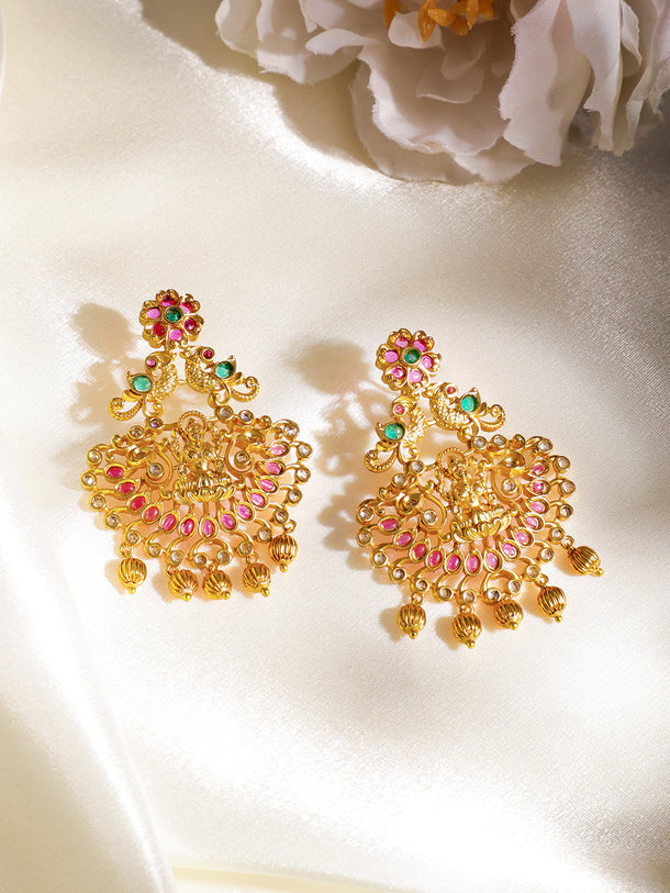 Rubans Finely Handcrafted Gold Plated CZ And Ruby Studded Chandbali Earrings