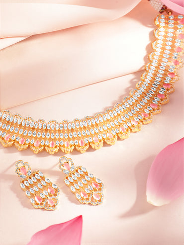 Pink Teardrop American Diamond Zirconia Necklace Set