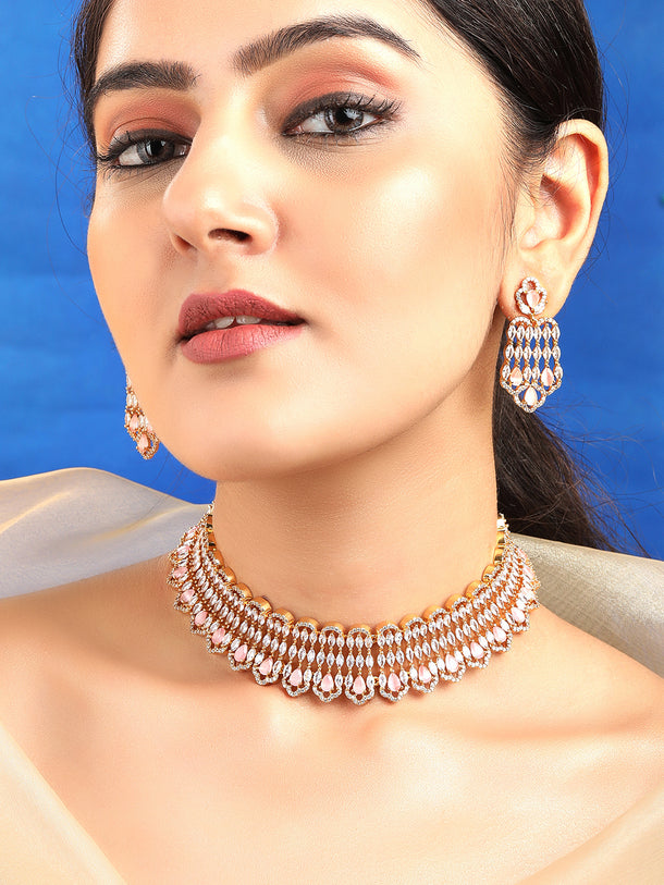 Pink Teardrop American Diamond Zirconia Necklace Set