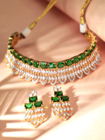 Rubans Gold Plated Green & White Stone Studded American Diamond Necklace Set.