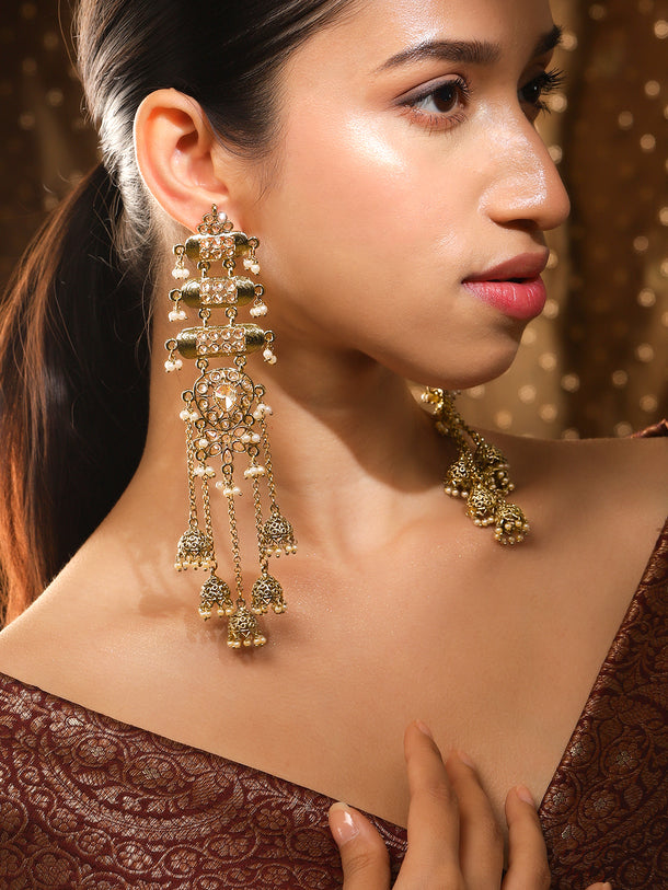 Rubans 18K Mehndi Gold-Plated Kundan Studded Layered Shoulder Duster Jhumka Earrings