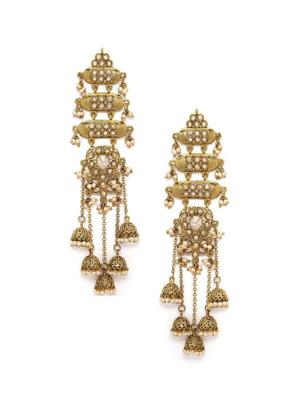 Rubans 18K Mehndi Gold-Plated Kundan Studded Layered Shoulder Duster Jhumka Earrings