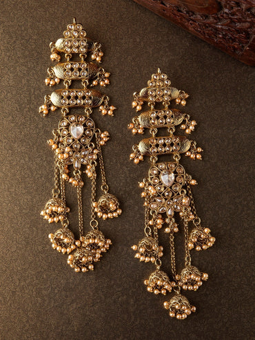 Rubans 18K Mehndi Gold-Plated Kundan Studded Layered Shoulder Duster Jhumka Earrings
