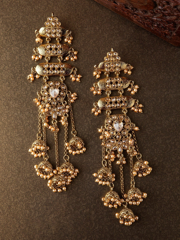 Rubans 18K Mehndi Gold-Plated Kundan Studded Layered Shoulder Duster Jhumka Earrings