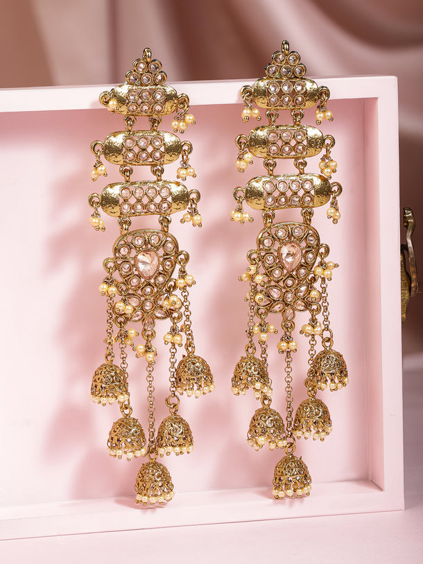 Rubans 18K Mehndi Gold-Plated Kundan Studded Layered Shoulder Duster Jhumka Earrings