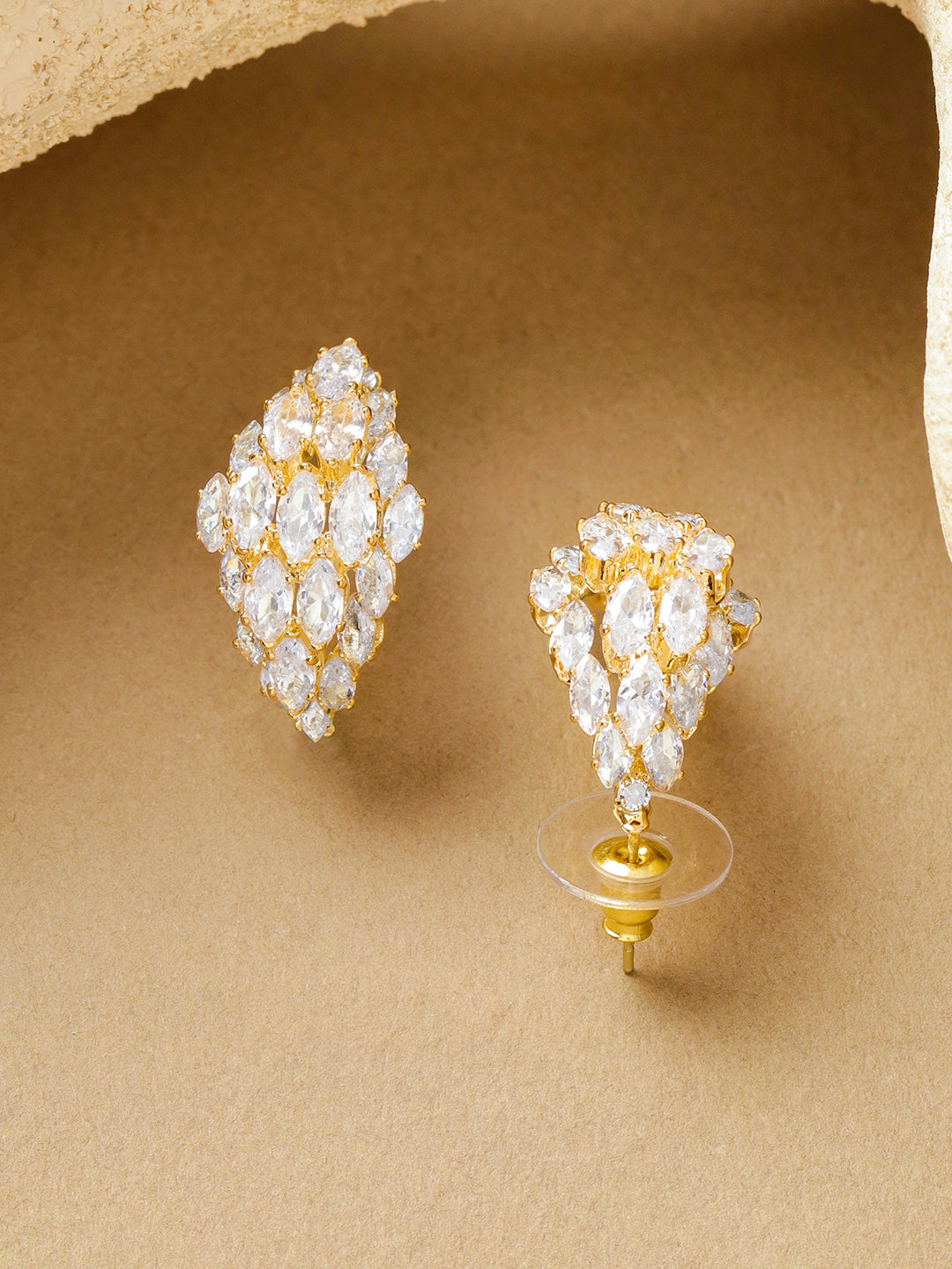 Rubans 18K Gold Plated White Cubic Zirconia Marquise-Cut Cluster Stud Earrings