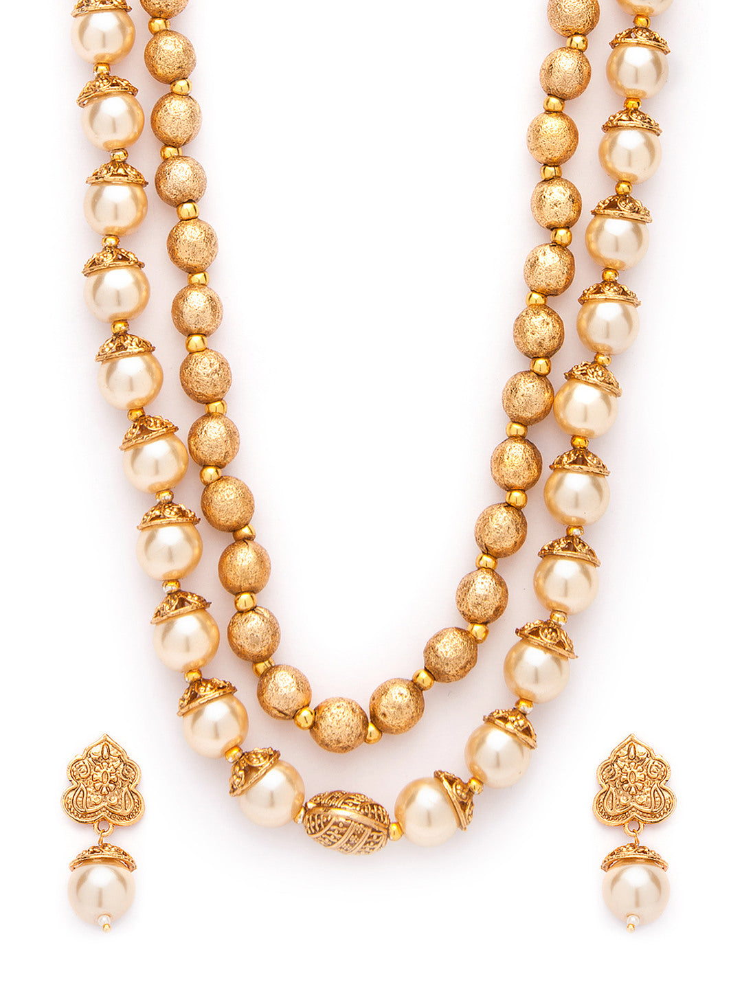Rubans Traditional Handmade Pearl And Antique Gold Beads Strand Multilayer Necklace Set