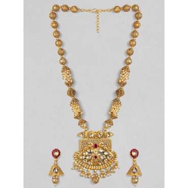 Rubans 24K Gold Plated Handcrafted White Kundan & Antique Gold Filigree Beads Necklace Set