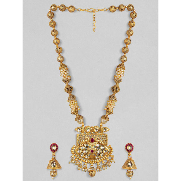 Rubans 24K Gold Plated Handcrafted White Kundan & Antique Gold Filigree Beads Necklace Set