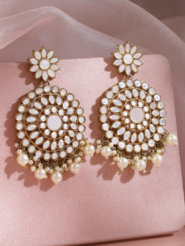 Rubans Mirror Chanbali Earrings with Pearls