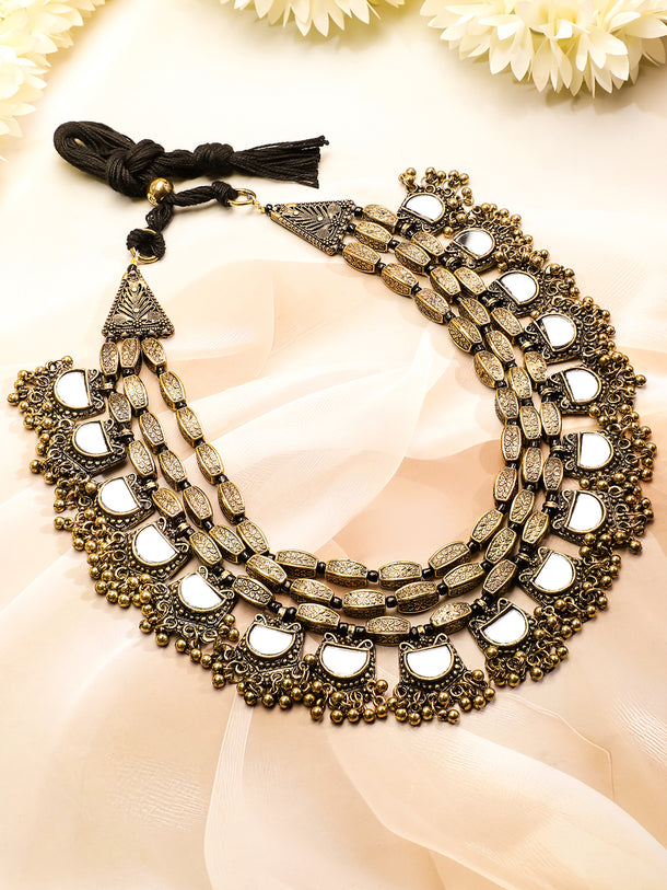 Rubans Dual Tone in Silver and Gold, Mirror Detailing with Gold Beads Multilayer Necklace