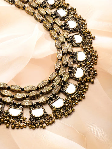 Rubans Dual Tone in Silver and Gold, Mirror Detailing with Gold Beads Multilayer Necklace
