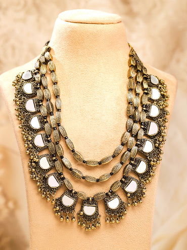 Rubans Dual Tone in Silver and Gold, Mirror Detailing with Gold Beads Multilayer Necklace